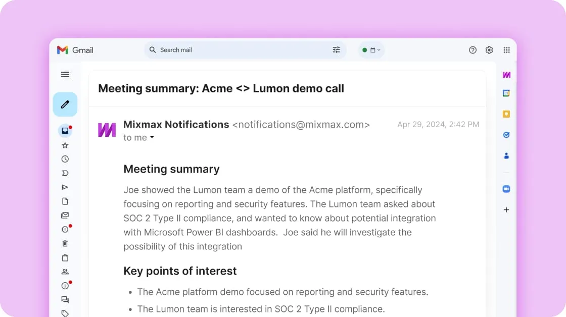Meeting Copilot summary delivered alongside meeting context