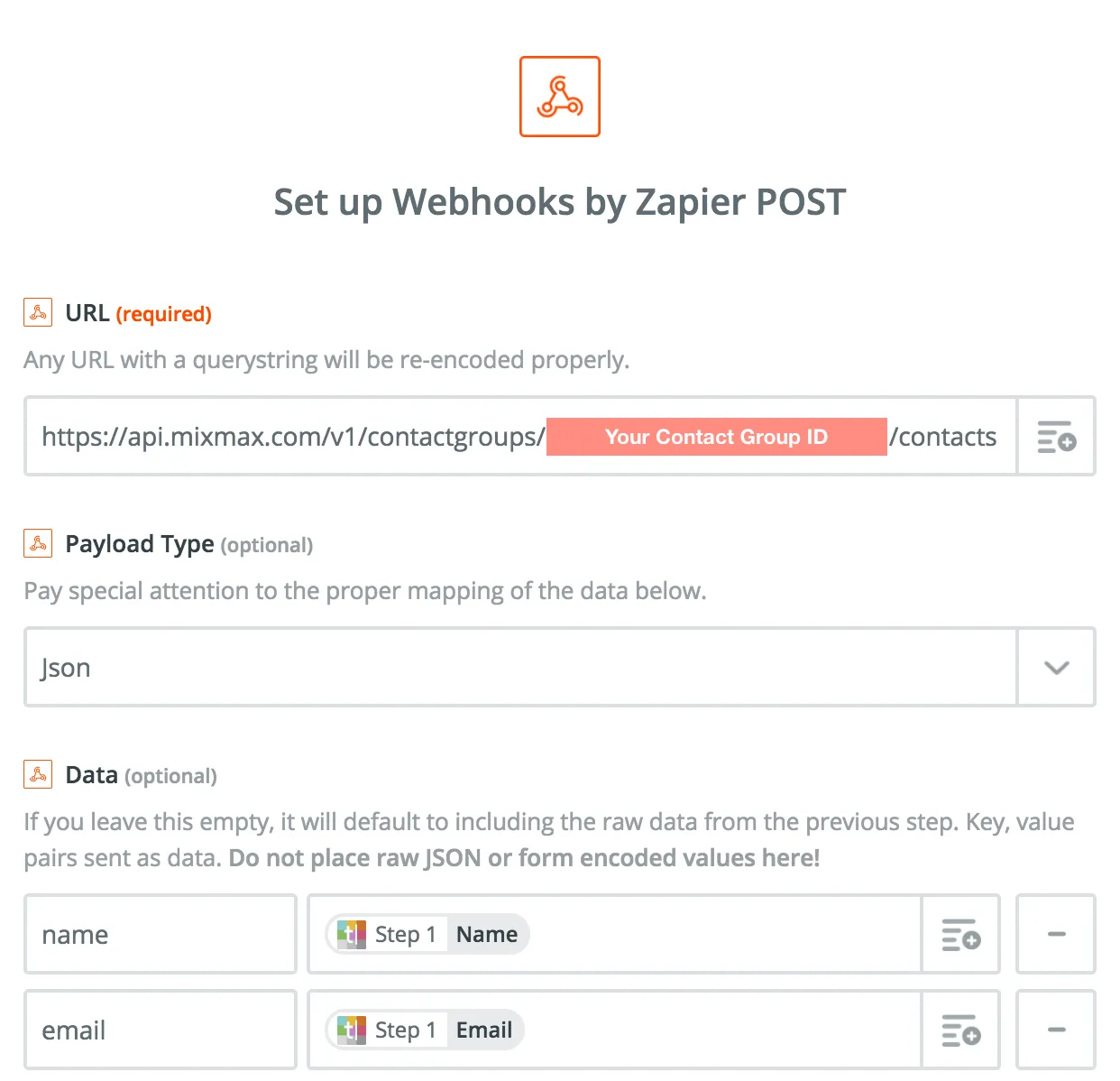 Zapier webhook action configured to POST JSON to the Mixmax contactgroups contacts endpoint, mapping the form's Name and Email fields to name and email