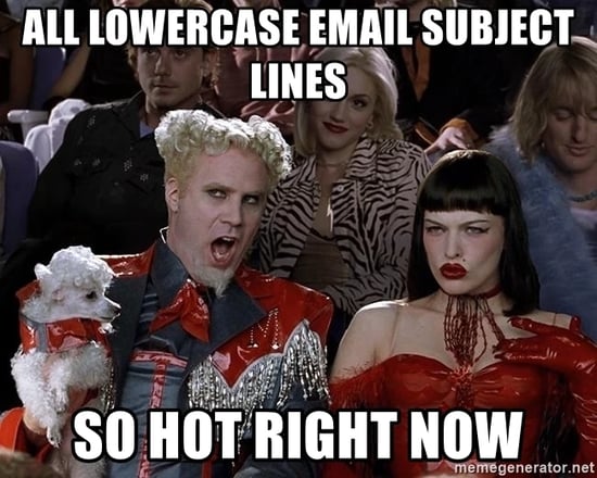 Mugatu from Zoolander saying all lowercase email subject lines, so hot right now 
