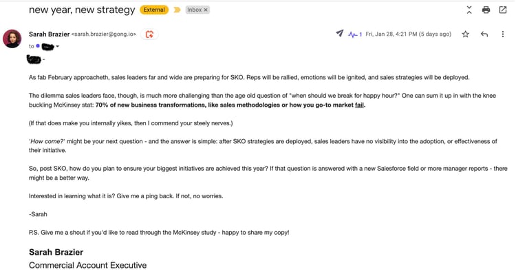12 Sales prospecting email example written by Sarah Brazier