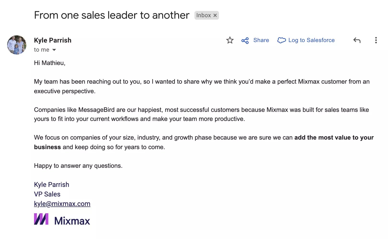 Example of a follow up email from the exec team in a prospecting sequence sent with Mixmax sales engagement platform