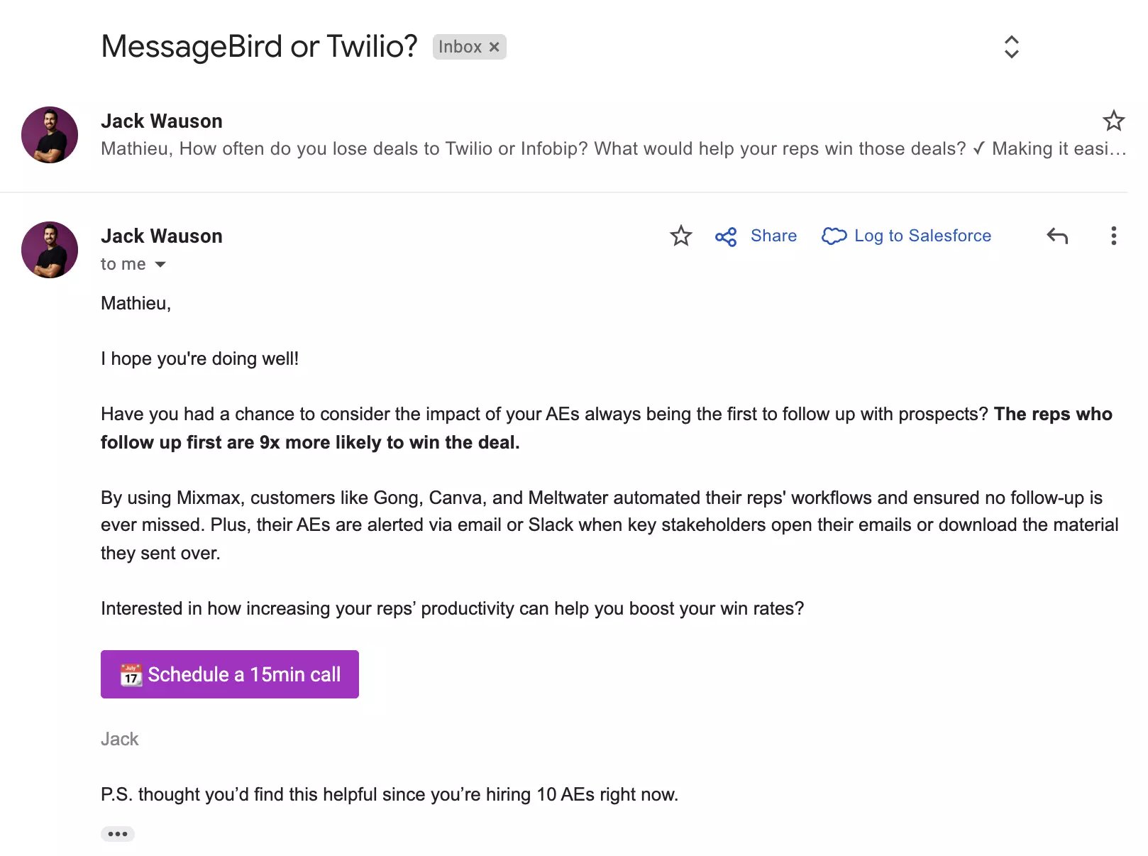 Example of a follow up email in a prospecting sequence sent with Mixmax sales engagement platform