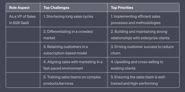 Example of list of challenges for VP sales