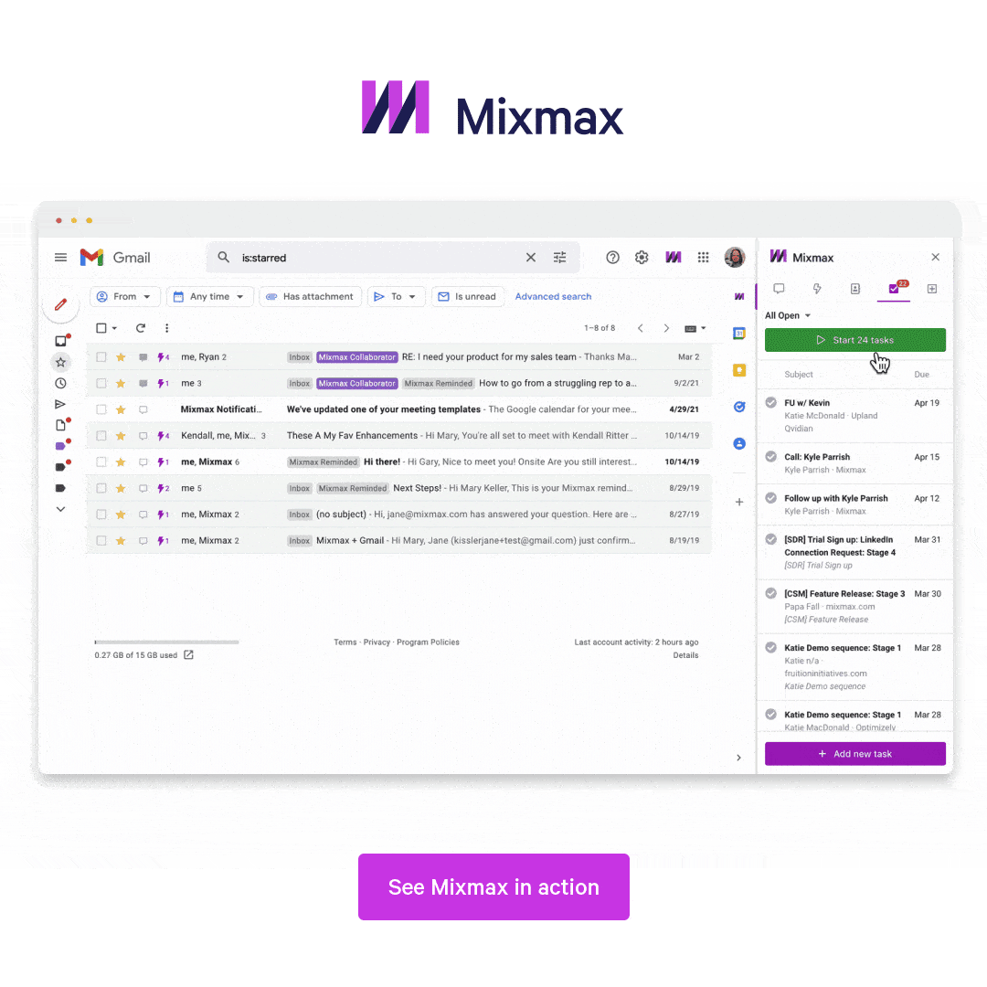 Mixmax makes it easy to view prospect information from Salesforce, and schedule or edit tasks, right within Gmail for increased sales productivity 