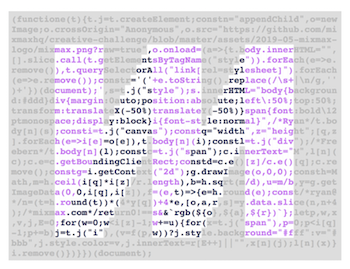 The Mixmax logo rendered out of colorized characters of JavaScript source code