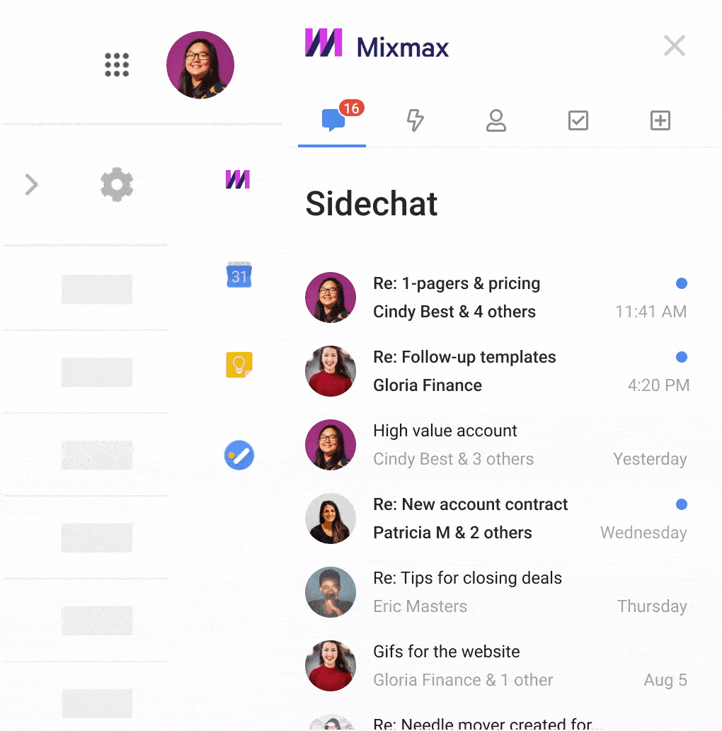 Mixmax sales engagement platform integration with Gmail, chat window visible in user’s Gmail’s inbox.