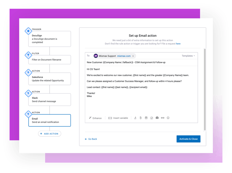 Creation of rules for workflow automation in Mixmax