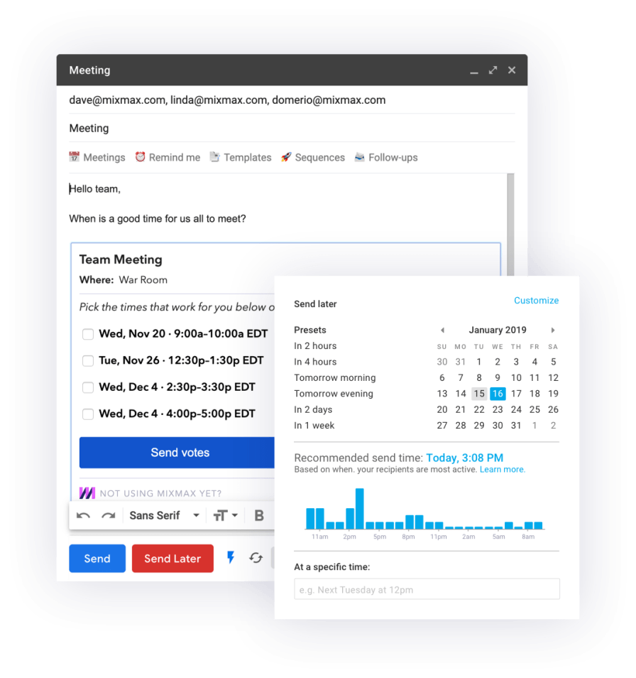 Two boxes showing Mixmax send-later feature