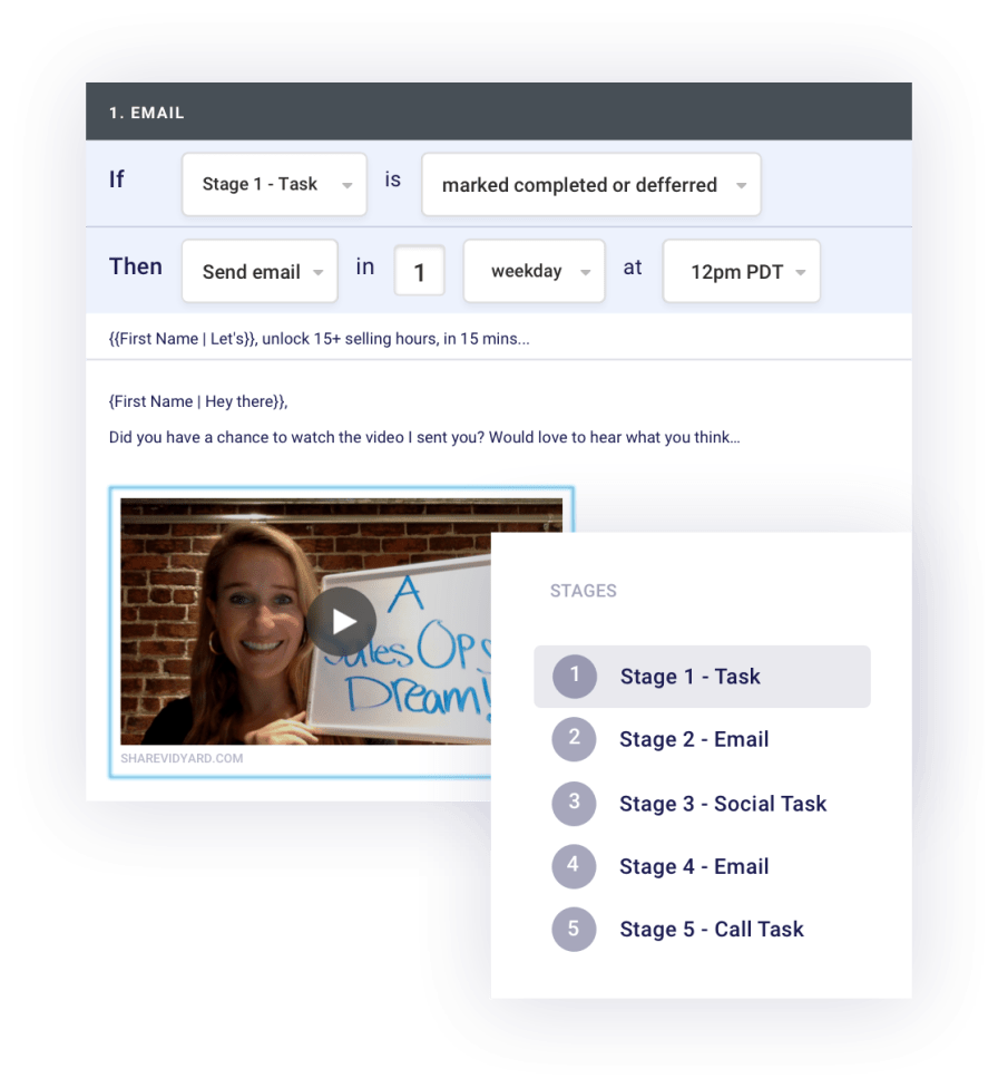 Two boxes showing Mixmax email with embedded video and sequence stages