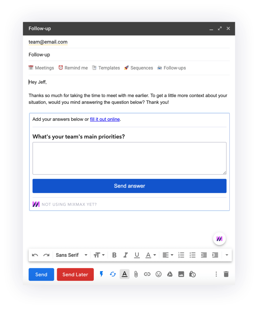 Mixmax survey embedded in-email asking if prospect’s main priorities