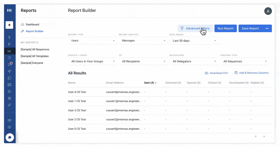 Report builder in Mixmax, the sales engagement platform