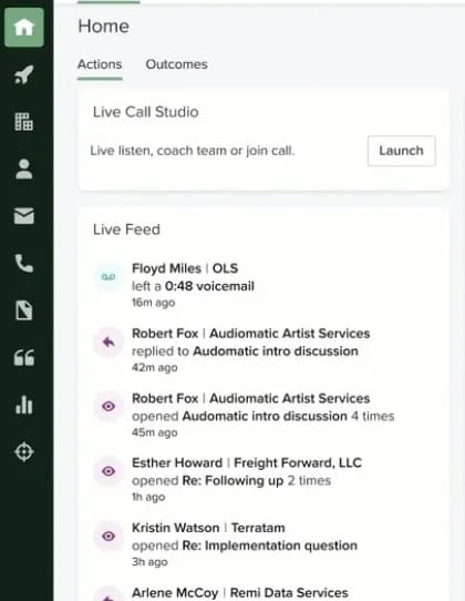 Salesloft dashboard showing Live Feed and Live Call features