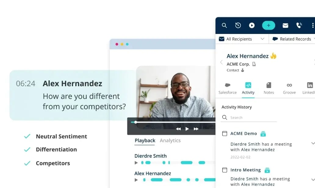 Three-panels-showing-Groove-conversation-intelligence-insights_-playback-and-activity-history