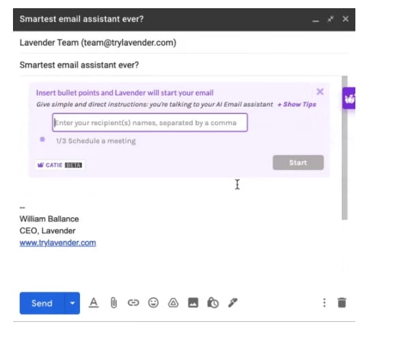Email with Lavender writing assistant recommendations