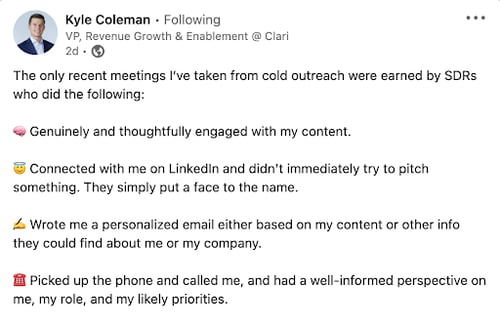 Kyle Coleman prospecting tip Linkedin