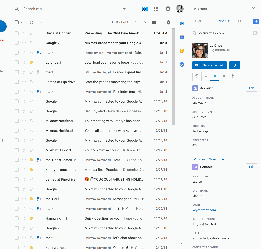Mixmax Sidebar in Gmail inbox