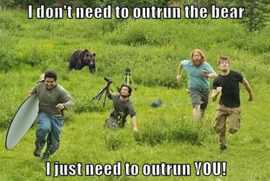4 Film crew running from a bear
