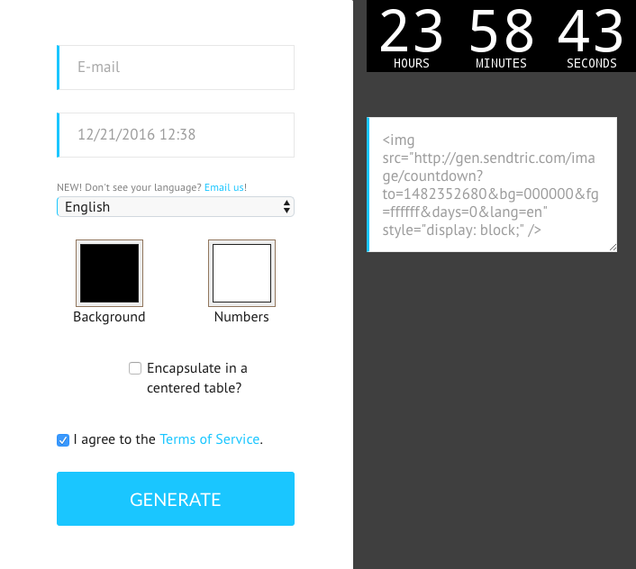 A countdown timer created in sendtric.com