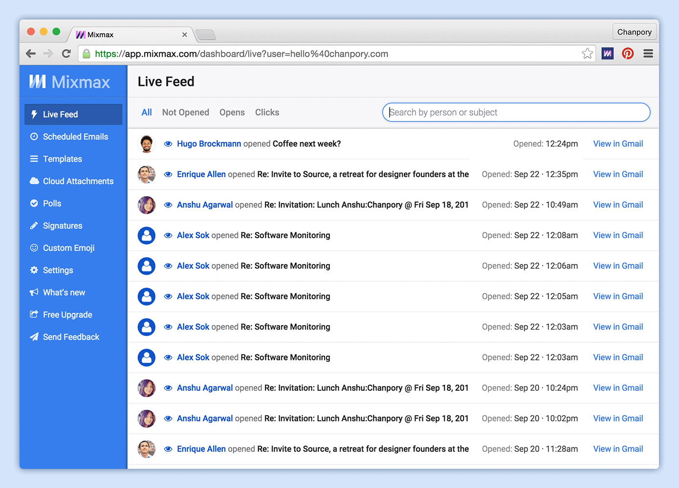 Mixmax live feed search