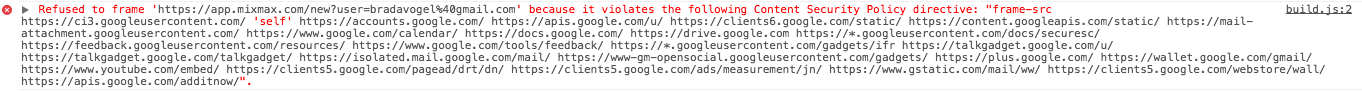 Chrome web inspector image of Content Security Policy error