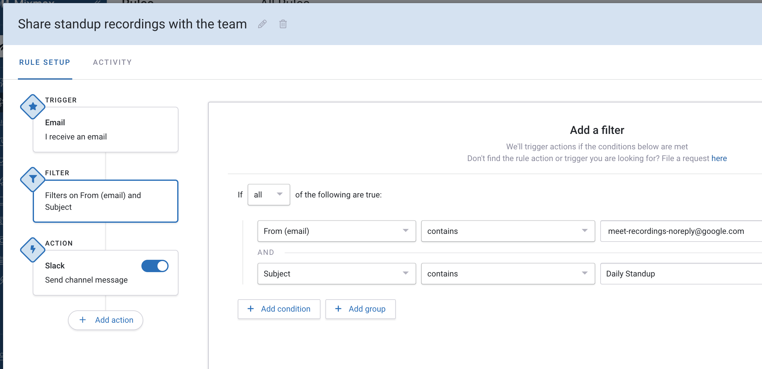 A screenshot of the Mixmax Rules editing interface, with a rule set up to forward Google Meet recordings to Slack.