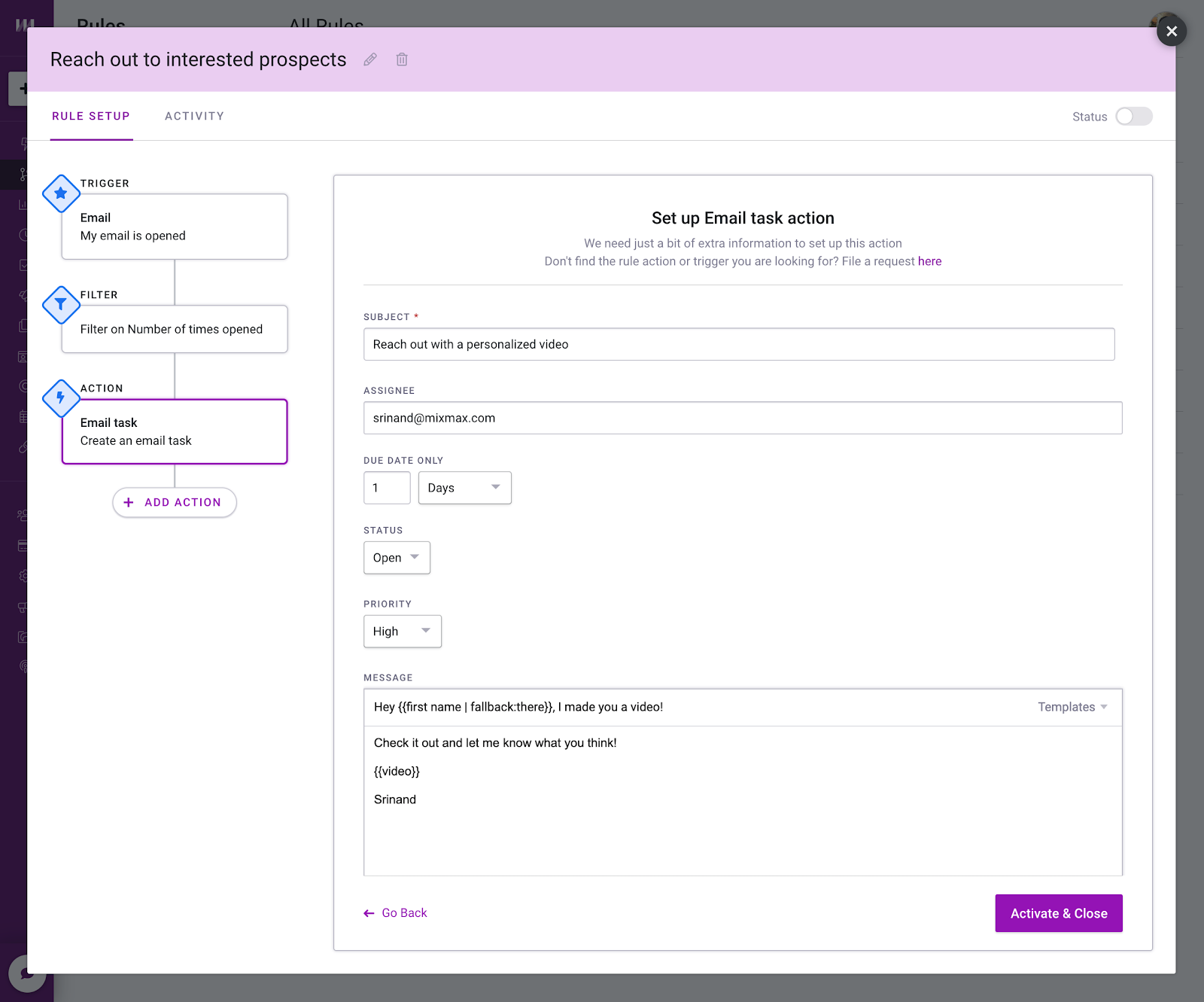 Trigger an Email Task using Mixmax Rules