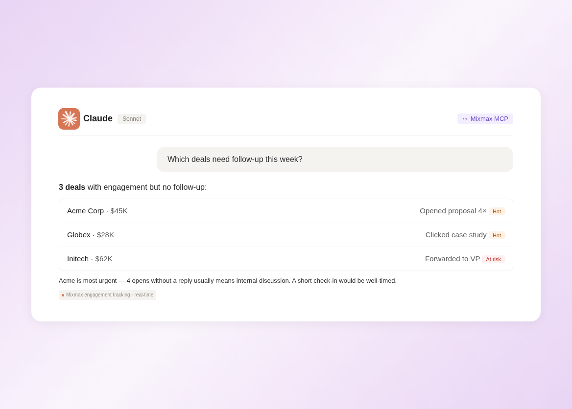 Claude showing Mixmax engagement signals and deal follow-ups via MCP