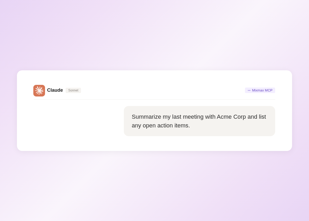 Claude asking Mixmax MCP to summarize a meeting