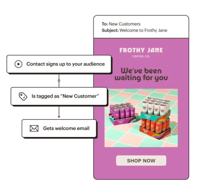 Two boxes showing Mailchimp marketing automation rules and sample marketing message